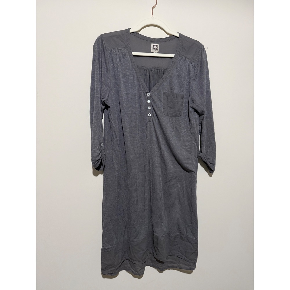 Anne Klein Gray Slub Knit Roll Tab Sleeve Henley Shift Dress Womens Medium